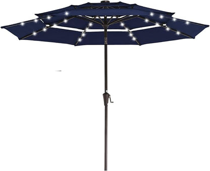 JEAREY 9 ft 3-Tier Outdoor LED Lighted Patio Umbrella w/Crank, Navy | Solar Market Table Umbrella with 8 Sturdy Ribs, UV Protection Waterproof Sunproof for Garden, Deck and Backyard
