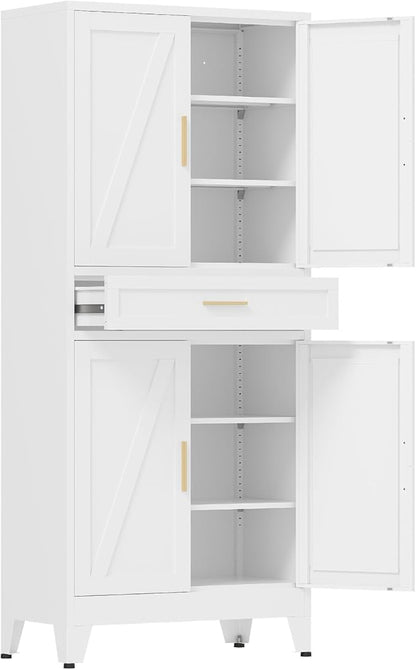 COFaR 71'' Tall Metal Pantry Cabinet with Drawer, Kitchen Storage Cabinet with 4 Doors and Shelves, Freestanding Farmhouse Food Cupboard for Kitchen Dinning Room Garage, White 6-Tier