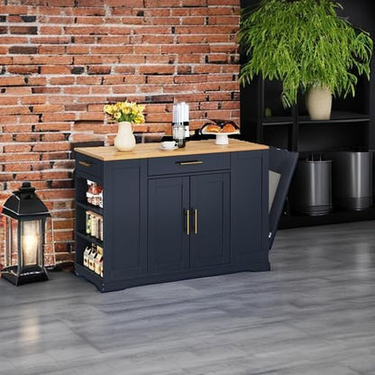 YITAHOME 53 inch Large Rolling Kitchen Island with Trash Can Storage Cabinet, Portable Mobile Islands Table Long Floating Movable w Wheels Cabinet for 13 Gallon Garbage Bin 2 Drawer, Navy Blue