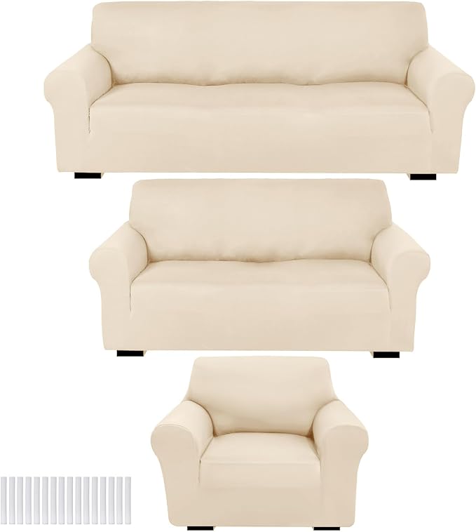 Peryiter 3 Pcs Couch and Loveseat Sofa Covers,Cream,Milk Silk | Armchair Covers for Living Room, Sofa Cushion Slipcover, Furniture Protector, Polyester and Spandex, Washable