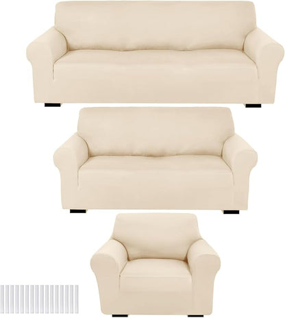 Peryiter 3 Pcs Couch and Loveseat Sofa Covers,Cream,Milk Silk | Armchair Covers for Living Room, Sofa Cushion Slipcover, Furniture Protector, Polyester and Spandex, Washable