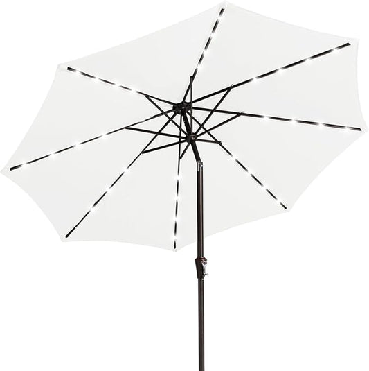 JEAREY 9FT Outdoor Patio Umbrella with Solar Lights, LED Lighted Pool Umbrella with Tilt and Crank, Outdoor Table Umbrellas for Deck, Yard & Market (Cream White)