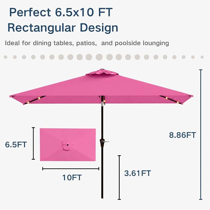 6.5 x 10ft Rectangular Patio Umbrella with Solar Lights, 16 LED Lighted Market Umbrella with Push-Button Tilt and Crank, 6 Sturdy Iron Ribs for Garden, Deck, Pool, Rose Pink