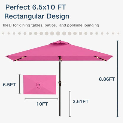 6.5 x 10ft Rectangular Patio Umbrella with Solar Lights, 16 LED Lighted Market Umbrella with Push-Button Tilt and Crank, 6 Sturdy Iron Ribs for Garden, Deck, Pool, Rose Pink