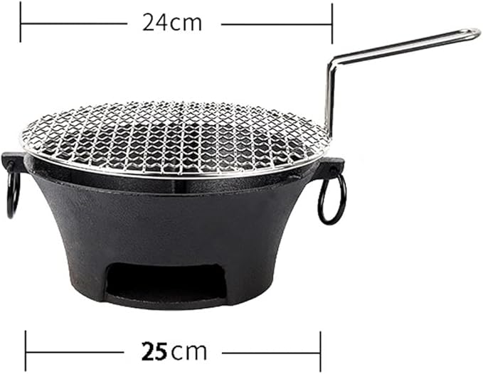 Round Charcoal Table Grill, Japanese Style BBQ Grill, Indoor Mini Barbecue Grill, with Wooden Base for Picnic Garden Balcony Camping (Black 25 * 24cm)