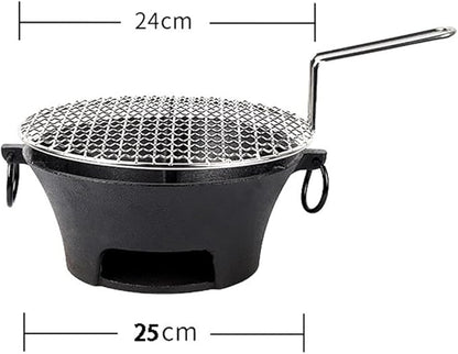 Round Charcoal Table Grill, Japanese Style BBQ Grill, Indoor Mini Barbecue Grill, with Wooden Base for Picnic Garden Balcony Camping (Black 25 * 24cm)