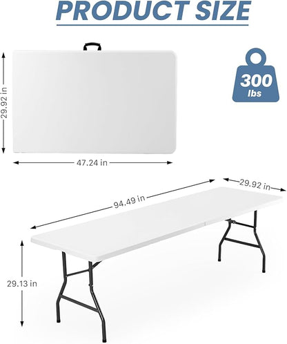 Sweetcrispy 8 FT Folding Picnic Table Easy to Fold and Store, Foldable Table for Camping Picnic Dining Party Kitchen Outdoor Indoor with Carrying Handle