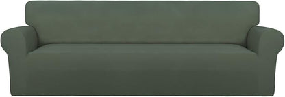 PureFit Stretch Couch Covers for Sofa 4 Seater Slipcovers Grayish Green | 1-Piece Sofa Cover Washable Soft Couch protector, Couch Slipcover with Non Skid Foam and Elastic Bottom for Kids, Dogs
