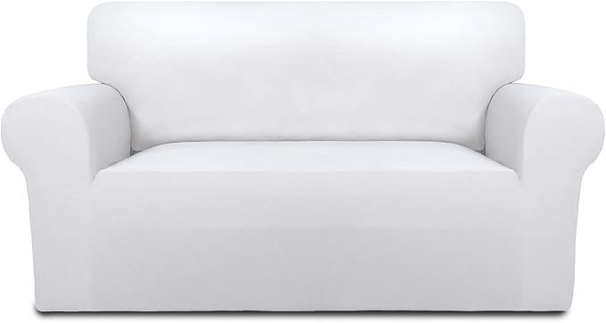 PureFit Stretch Loveseat Covers Fleece Couch Covers for Sofa White | 1-Piece Sofa Slipcover Soft Couch Protector, Sofa Cover Washable with Non Skid Foam and Elastic Bottom for Kids, Dogs
