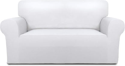 PureFit Stretch Loveseat Covers Fleece Couch Covers for Sofa White | 1-Piece Sofa Slipcover Soft Couch Protector, Sofa Cover Washable with Non Skid Foam and Elastic Bottom for Kids, Dogs