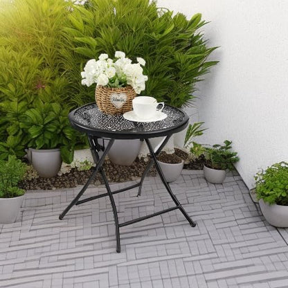 TeoKJ Folding Small Outdoor Side Table, No Assembly Patio Metal Desk, Black | Metal Round Anti Rust Patio Table, Small Nightstand with Flower Cutouts, for Porch Yard, Balcony, Lawn, Pool, Lightweight
