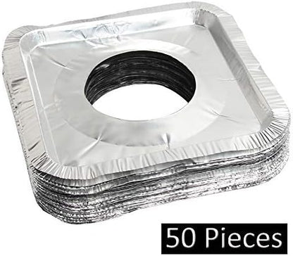MOACOCK 50 Pack Aluminum Foil Square Stove Burner Covers Disposable Heavy Thick Quality Bib Liners Drip Pans Gas Range Top Protectors 8.5”