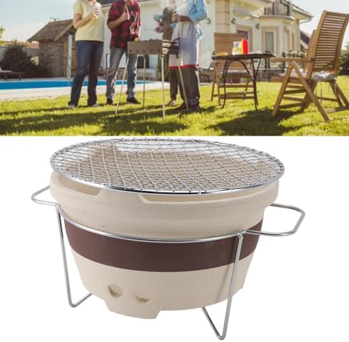 Traditional Chinese Clay Charcoal Stove for Tea Making & Grilling, Indoor Outdoor Camping Picnic BBQ, Portable Ceramic Stove with Grill Net & Stand (9.45 Inch)