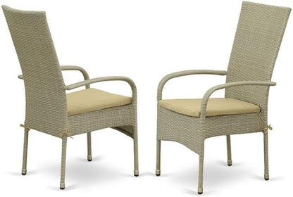 East West Furniture OSOS5-03A 5 Piece Outdoor Patio Conversation Sets Includes a Rectangle Wicker Dining Table with Glass Top and 4 Balcony Backyard Armchair with Cushion, 36x60 Inch, Natural Linen