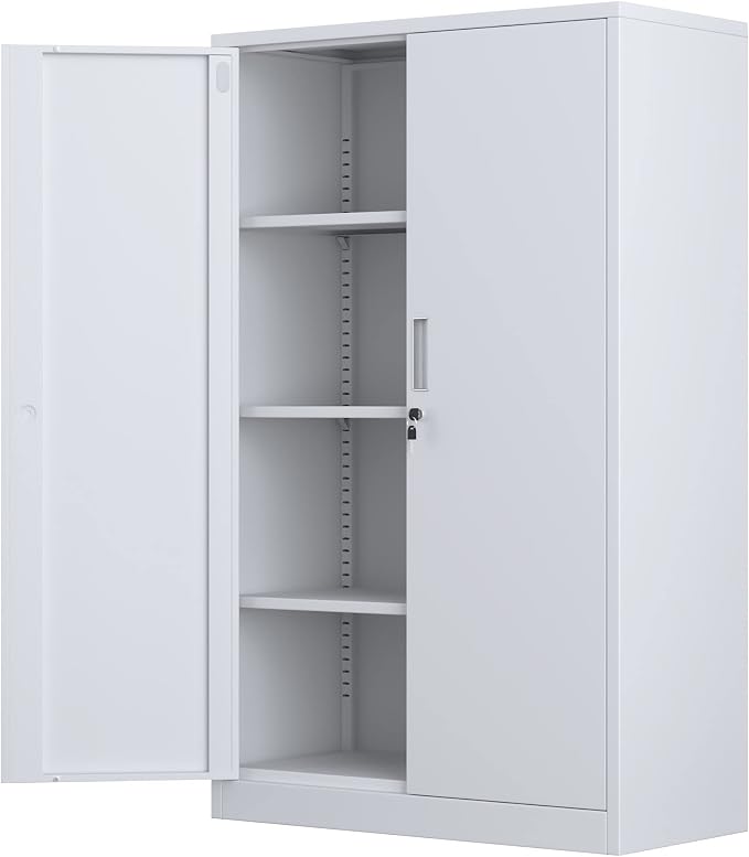 Metal Storage Cabinet with Locking Doors and 3 Adjustable Shelves, 53.5-Inch Tall Lockable Steel Storage Cabinets for Home Office Garage Pantry (White)