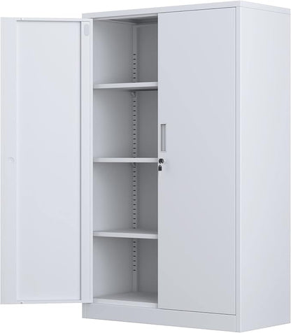 Metal Storage Cabinet with Locking Doors and 3 Adjustable Shelves, 53.5-Inch Tall Lockable Steel Storage Cabinets for Home Office Garage Pantry (White)