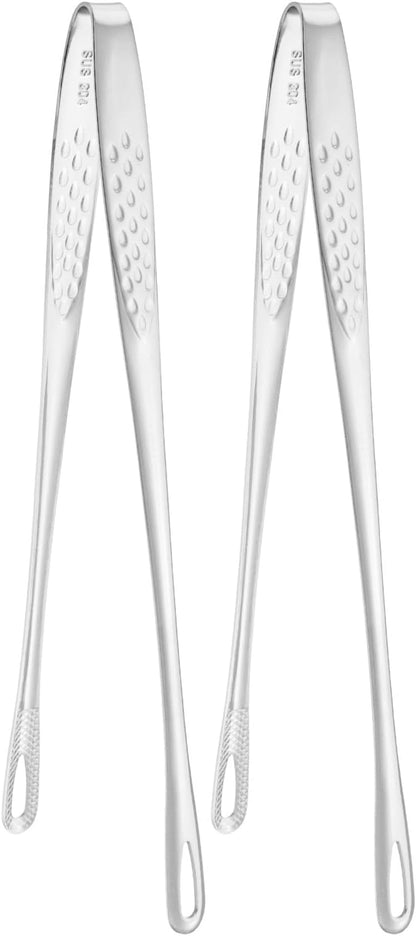 M METERXITY 2-Pack Extra Long Grill Tongs, 9.4 Inch Non-Slip 304 Stainless Steel Locking Tongs for Cooking/Buffet/Outdoor Barbecue, Korean BBQ Tweezers Metal Clamp Tool [Silver Tone]