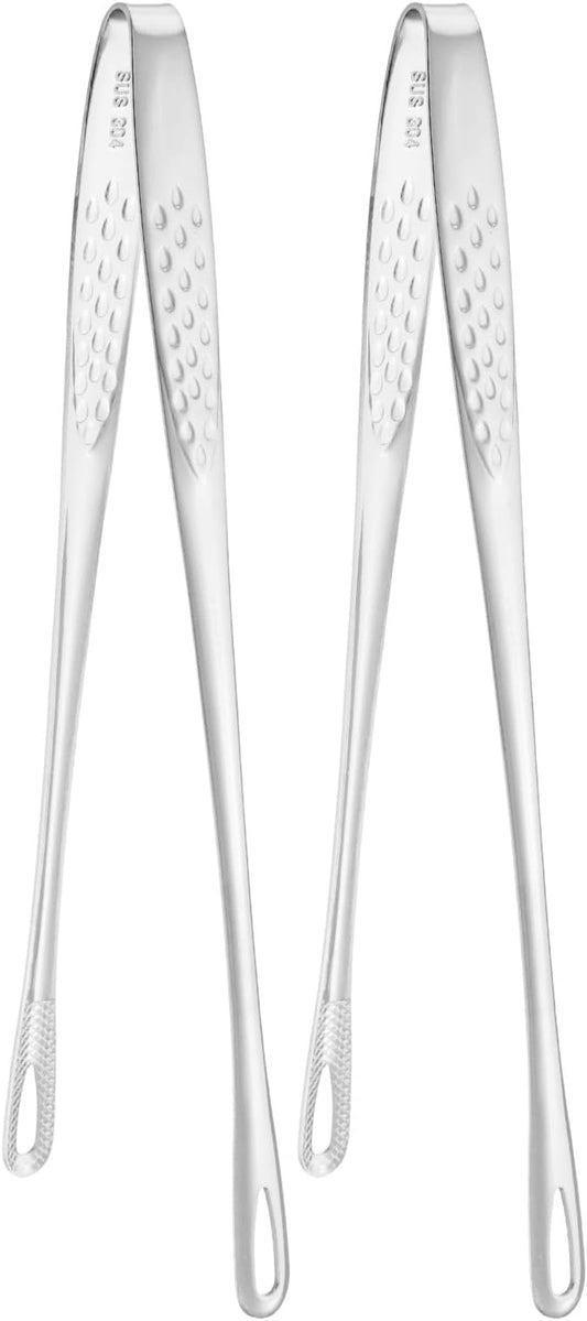 M METERXITY 2-Pack Extra Long Grill Tongs, 9.4 Inch Non-Slip 304 Stainless Steel Locking Tongs for Cooking/Buffet/Outdoor Barbecue, Korean BBQ Tweezers Metal Clamp Tool [Silver Tone]