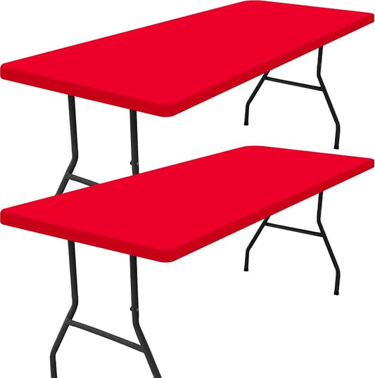 Smiry 2 Pack Rectangle Tablecloth, Elastic Fitted Flannel Backed Vinyl Tablecloths for 6ft Folding Tables, Waterproof Wipeable Table Covers for Outdoor, Indoor, Picnic and Camping (Red, 30"x72")