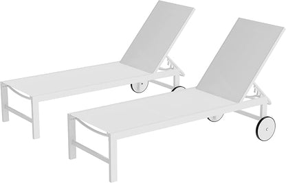 Shintenchi 2 PCS Outdoor Chaise Lounges Chair with Wheels Aluminum Reclining Patio Lounge Chairs with 5 Adjustable Position Recliner for Patio, Beach, Yard, Pool Furniture Set,White