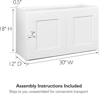 Design House Brookings Shaker Unassembled Bridge Wall Kitchen Cabinet W3018, 30 W x 12 D x 18 H, Painted White with Sherwin Williams®, Solid Wood, 561662