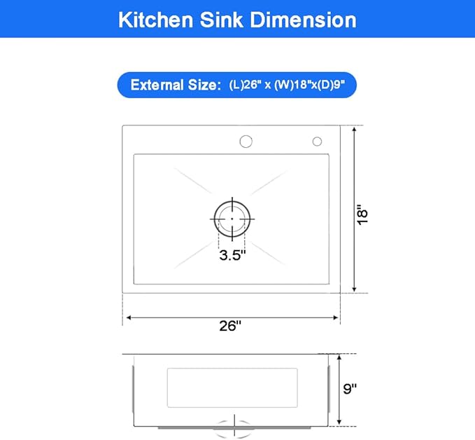 26 x 18 Inch Modern Drop In Kitchen Bar Sink, 304 Stainless Steel Black Single Bowl Topmount Sink, Nano Laundry RV Deep Workstation Sinks with Drain Strainer & Grid