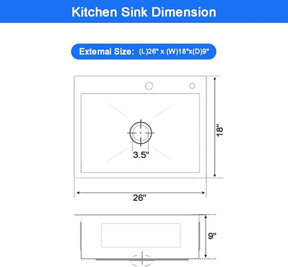 26 x 18 Inch Modern Drop In Kitchen Bar Sink, 304 Stainless Steel Black Single Bowl Topmount Sink, Nano Laundry RV Deep Workstation Sinks with Drain Strainer & Grid