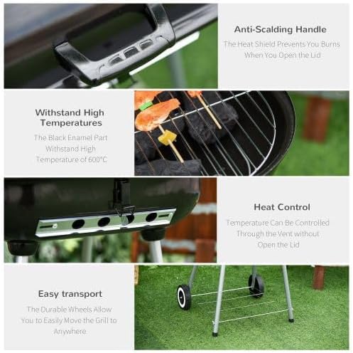 【kosevpou】21" Portable Charcoal Grill with Wheels and Bottom Shelf, BBQ Smoker with Adjustable Vents on Lid for Picnic Camping Backyard Cooking, Black,35 x 23.5 x 32.75 Inches