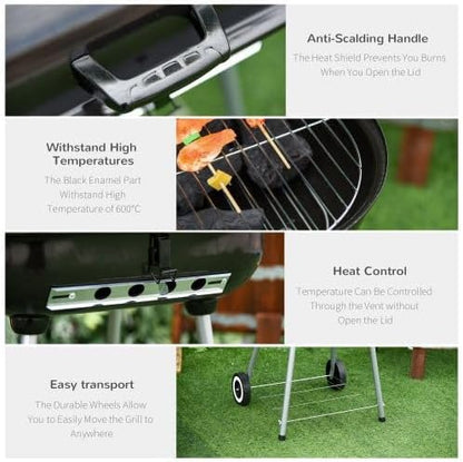 【kosevpou】21" Portable Charcoal Grill with Wheels and Bottom Shelf, BBQ Smoker with Adjustable Vents on Lid for Picnic Camping Backyard Cooking, Black,35 x 23.5 x 32.75 Inches