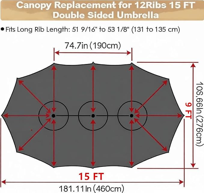 15ft Patio Umbrella Replacement Canopy for 12 Ribs, Large Outdoor Umbrella Top Cover Only,Double-Sided Fabric for Market Umbrellas, Sombrillas de Patio Repuesto (Frame NOT Included),Grey