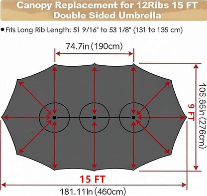 15ft Patio Umbrella Replacement Canopy for 12 Ribs, Large Outdoor Umbrella Top Cover Only,Double-Sided Fabric for Market Umbrellas, Sombrillas de Patio Repuesto (Frame NOT Included),Grey