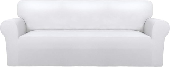 PureFit Stretch Couch Covers for Sofa Large Sofa Slipcovers White | 1-Piece Spandex Couch cover Soft Couch protector, Sofa cover Washable with Non Skid Foam and Elastic Bottom for Kids, Dogs