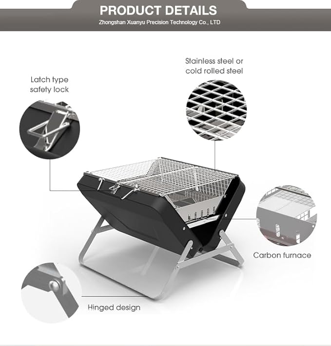 Portable Charcoal BBQ Grill, Briefcase Shape Non-stick Steel Barbecue Grill for Outdoors Camping Picnic and Party Cooking