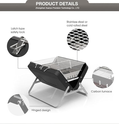 Portable Charcoal BBQ Grill, Briefcase Shape Non-stick Steel Barbecue Grill for Outdoors Camping Picnic and Party Cooking