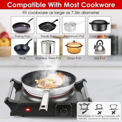 1000W Portable Single Burner Heating Stove Countertop RV Hotplate with 5 Temperature Stepless Adjustments Portable Handles