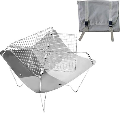 Lotus Outdoor Fire Pit Portable Small Fire Pit Grill, Wood Burning Stainless Steel Fire Pit with Grill, Camping Grill Portable Campfire, Camping Fire Pit Portable Charcoal Grill