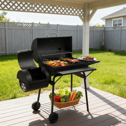 Black Charcoal Grill With Side Table, Mobile BBQ Grill With Wheels, Outdoor Charcoal Barbecue Grill with Wheels for Garden, Camping,Outdoor Grilling Station, Barbecue With Side Table (51INCH)