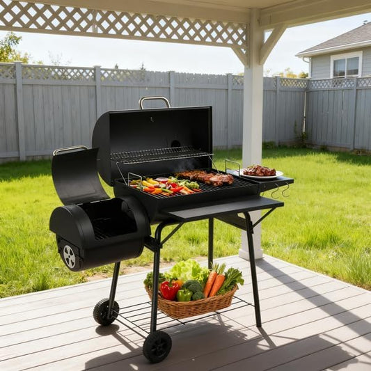 Black Charcoal Grill With Side Table, Mobile BBQ Grill With Wheels, Outdoor Charcoal Barbecue Grill with Wheels for Garden, Camping,Outdoor Grilling Station, Barbecue With Side Table (51INCH)