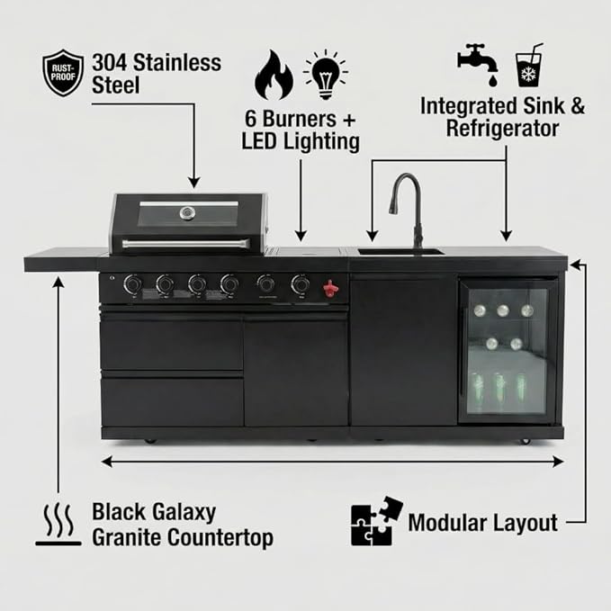 Deluxe 84 inch × 23 inch 6 Burner 75300 BTU Outdoor BBQ Grill Island with Stainless Steel Sink, Wine Cooler, Refrigerator & Granite Countertops,Propane or Natural Gas