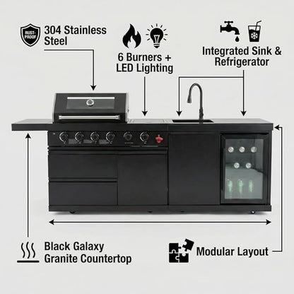 Deluxe 84 inch × 23 inch 6 Burner 75300 BTU Outdoor BBQ Grill Island with Stainless Steel Sink, Wine Cooler, Refrigerator & Granite Countertops,Propane or Natural Gas