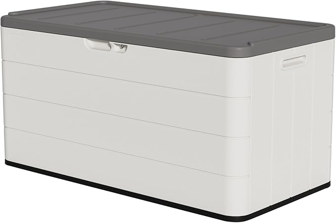 110 Gallon Pro Resin Deck Box, Waterproof Outdoor Storage Bin for Patio Furniture, Pool Accessories, and Garden Tools, Lockable & UV-Resistant, White
