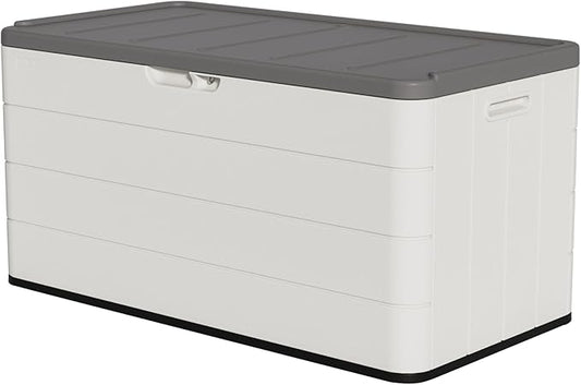 110 Gallon Pro Resin Deck Box, Waterproof Outdoor Storage Bin for Patio Furniture, Pool Accessories, and Garden Tools, Lockable & UV-Resistant, White