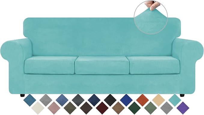 WEERRW 4 Pieces Couch Cover for Sofa Velvet Sofa Covers Washable, Aqua | Sofa Covers for 3 Cushion Couch Furniture Protector Sofa Slipcovers with Non Slip Elastic Bottom, Pet Friendly, Large