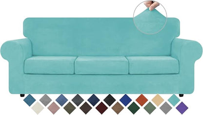 WEERRW 4 Pieces Couch Cover for Sofa Velvet Sofa Covers Washable, Aqua | Sofa Covers for 3 Cushion Couch Furniture Protector Sofa Slipcovers with Non Slip Elastic Bottom, Pet Friendly, Large