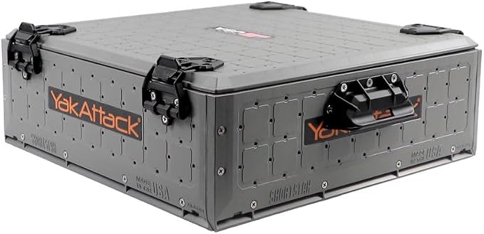 YakAttack ShortStak Solo Storage Box - Size & Color Options | Standalone Low-Profile Crate with Lid, Hinges & Latches | GridLoc Mounting Panels | Slider Feet for Under-Seat Use | Made in USA