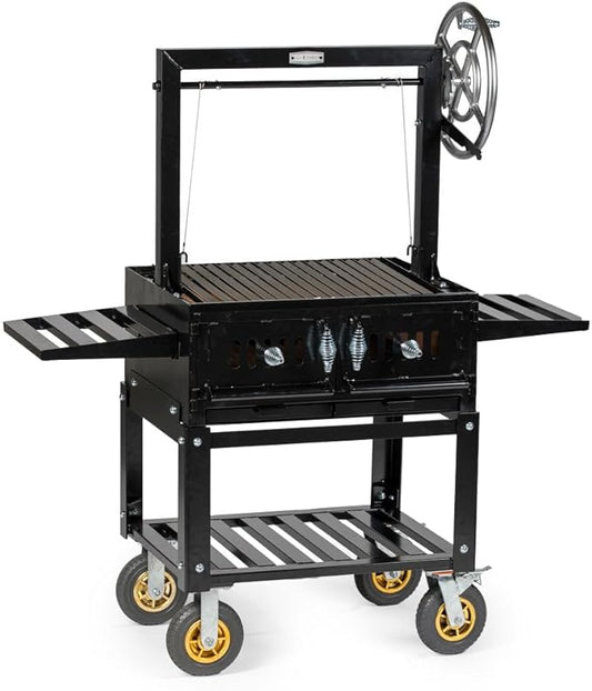 Ash & Ember Santa Maria Grill, Steel Wood & Charcoal Argentine Grill, Hand Wheel for Adjustable Heat Control, BBQ Grill with V-Grates & Grease Trap, Argentinian Grills with Bottom & Side Shelves