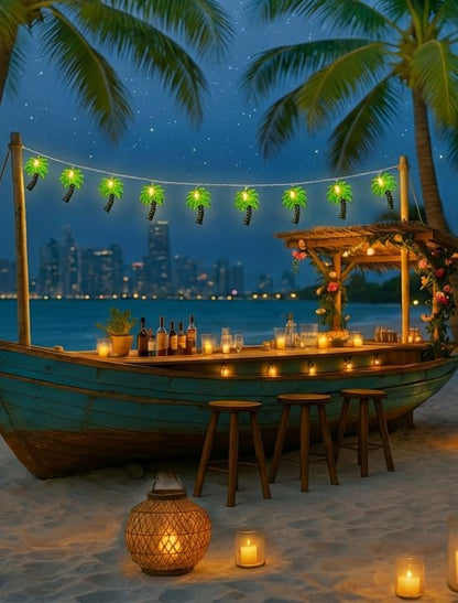8.5Ft Palm Tree Lights Outdoor, Patio Lights String with 10 LED Summer Beach Themed Lights for Indoor Bedroom Tiki Party Decor, White Wire