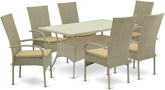 East West Furniture OSOS7-03A 7 Piece Patio Furniture Sets Wicker Outdoor Set Consist of a Rectangle Dining Table with Glass Top and 6 Balcony Armchair with Cushion, 36x60 Inch, Natural Linen