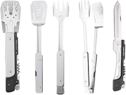 ROXON S601 14" 6 in 1 MBT3 Folding Grill Utensils Set Fork Spatula Grilling Knife Tongs Opener for Backyard Barbecue and Camping