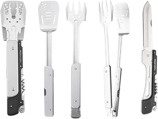 ROXON S601 14" 6 in 1 MBT3 Folding Grill Utensils Set Fork Spatula Grilling Knife Tongs Opener for Backyard Barbecue and Camping